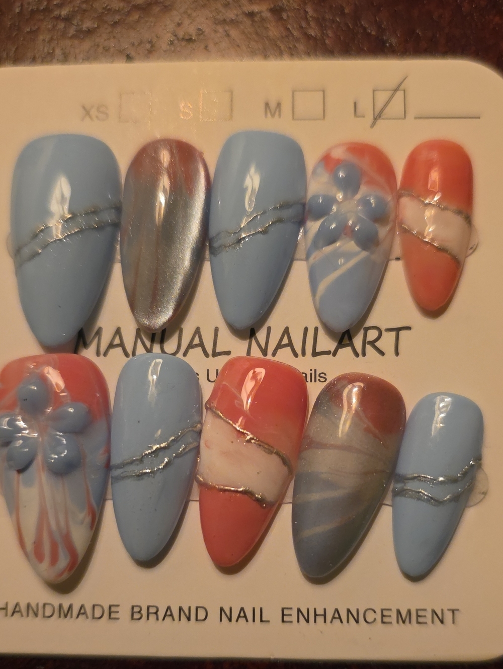 Blue and Coral Floral Press-On Nail Set Size Large